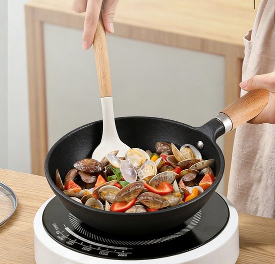 Wokpan - Ø 30 cm - Marmeren Coating - Geschikt voor Inductie, Gas, Elektrisch en Keramisch - Beige Creme - PFAS Vrij