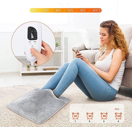 Ultra-comfortabele elektrische voetenwarmer - 6 warmtestanden (temperatuurbereik van 40°C tot 60°C) - 4 timingopties - 50 watt vermogen - zilver grijs