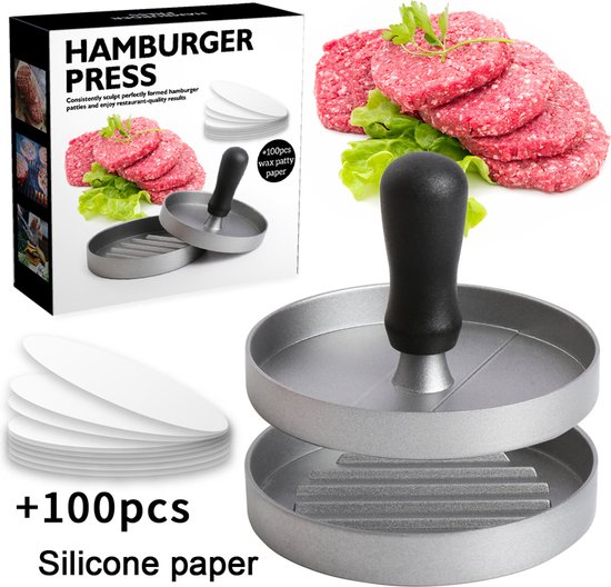 Hamburgerpers-Hamburger maker-Antiaanbaklaag-BBQ-Kookgerei (+ 100 gratis waxpapiertjes )