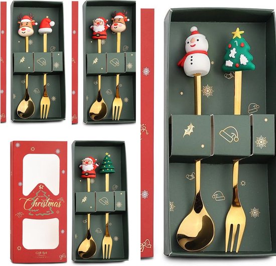4 delige (8 stuks) Luxe Kerst Bestekset – Theelepels & Vorke