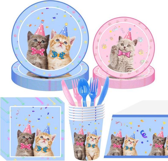 113 delig verjaardagset - Thema: Kat - met kopjes, bestek en tafelkleed -  Versiering voor feestjes, verjaardag - feestdecoratie