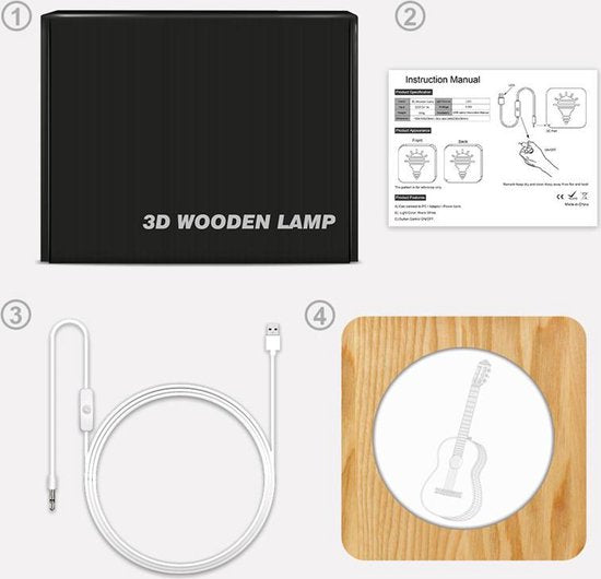Xtraworks - Houten Tafellamp / Nachtlamp - LED - 3D - Gitaar figuur