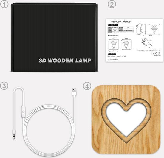 Tafellamp - Lamp 19CM- LED en One touch control - Houten Tafellamp - Hart figuur speciaal cadeau voor Valentijnsdag en moederdag