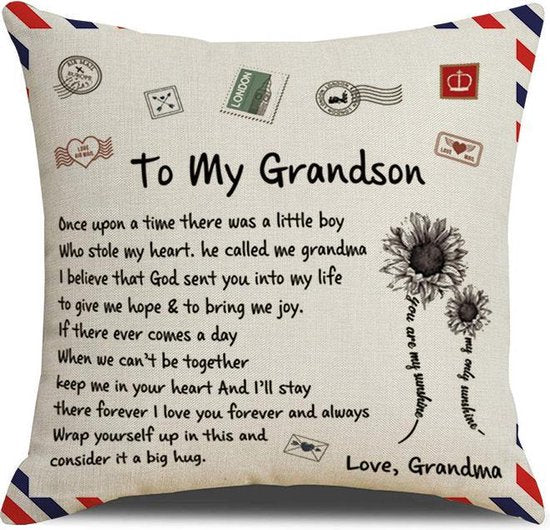 TDR - Sierkussensloop- 45x45 cm  - leuk als cadeau voor grootmoeder naar kleinzoon -  "To my grandson"