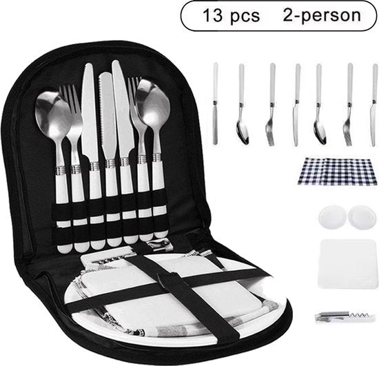 Picknick set - kamperen set - camping servies - voor 2 personen ( 2x mes, vork en lepel, 2 borden, kurkentrekker, placemat, snijplank)