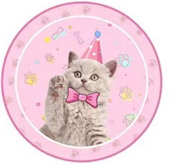 113 delig verjaardagset - Thema: Kat - met kopjes, bestek en tafelkleed -  Versiering voor feestjes, verjaardag - feestdecoratie