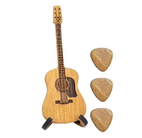 Houten Gitaar Plectrumdoos – Uniek Cadeau voor Gitaristen – Gitaarvormig Bewaardoosje – 12cm – Houtkleur