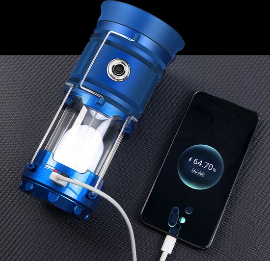 Solar LED Campinglamp Blauw - Handvat, USB, Powerbank, IP10