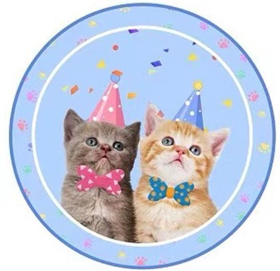 113 delig verjaardagset - Thema: Kat - met kopjes, bestek en tafelkleed -  Versiering voor feestjes, verjaardag - feestdecoratie