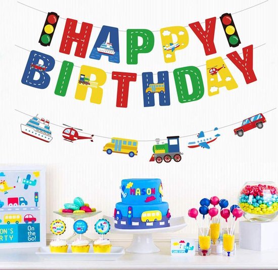 45 delig verjaardagset - Thema: Vervoer (Boot, Helikopter, Bus, Trein, Vliegtuig,  Auto) - Versiering voor feestjes, verjaardag