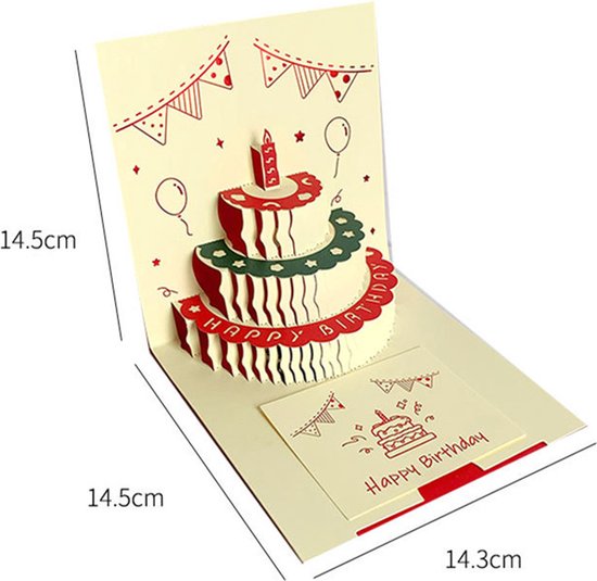 3D Pop-up Verjaardagskaart met Taartontwerp- Feestelijke Decoraties en Opnamefunctie-14.4x14.4cm