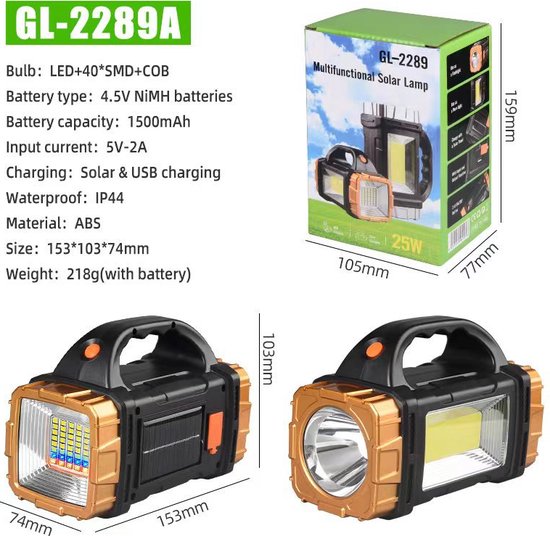 Multifunctionele LED zaklamp met Rood en Blauw Waarschuwingslicht- Perfect voor Outdoor, Kamperen, Wandelen - 1500mAh, 100m Bereik, Solar & USB Oplaadbaar-goud