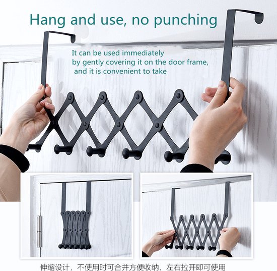 RVS Deurhanger met 6 haken - zwart