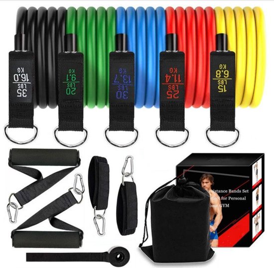 TDR - 11 Stuks Fitness oefenbandenset Elastiek - Weerstandsbanden Set