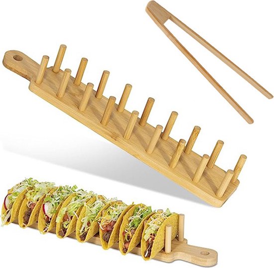 Luxe Bamboe Tacohouder met tang –Geschikt voor 8 Taco's- Voor een Stijlvolle Taco Presentatie