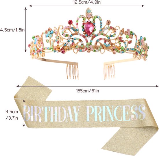 Verjaardag Prinses Sjerp en Tiara -Met text "Birthday Princess" -Een Betoverende Toevoeging aan Jouw Verjaardagsfeest-goud