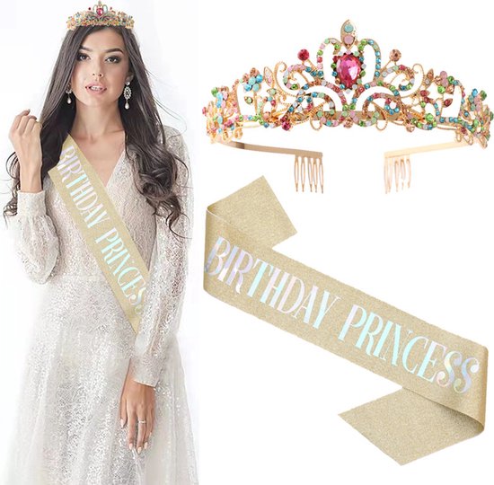 Verjaardag Prinses Sjerp en Tiara -Met text "Birthday Princess" -Een Betoverende Toevoeging aan Jouw Verjaardagsfeest-goud