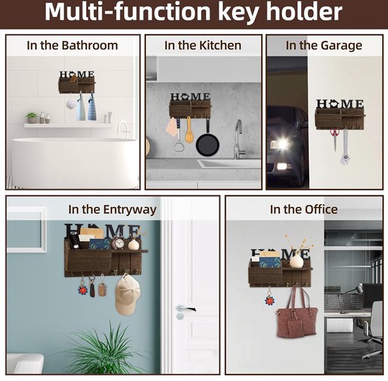 Grote Stijlvolle Wandgemonteerde Sleutelhouder met 'HOME' Design - Functionaliteit en Esthetiek in Eén-38*7.5*17cm-donkerbruin