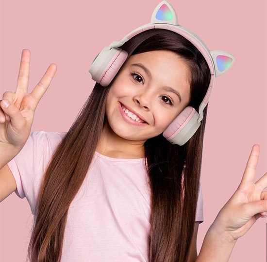 TDR- Draadloze Bluetooth koptelefoon - Over-Ear Koptelefoon voor Kinderen - Met Led Kat Oortjes - Bekend van TikTok -  roze grijs