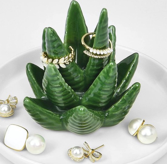 Set van 2 Keramische Cactus Ringhouders Groen/Wit