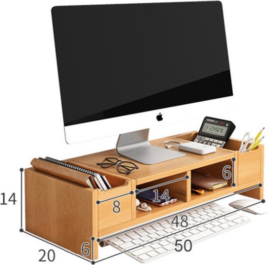 TDR-Monitorstandaard - Beeldscherm verhoger -Bureau organizer 50X20X14CM- Draagvermogen van 30 kilo-esdoornhout kleur