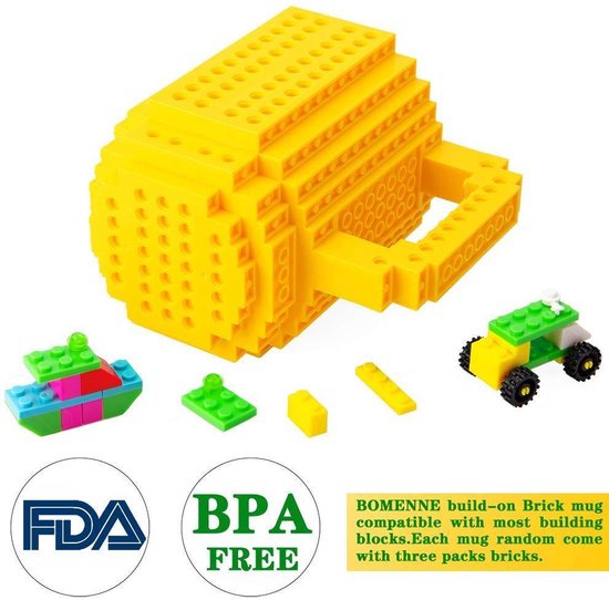 Build on Brick Mug - geel - 350 ml - bouw je eigen mok met bouwsteentjes - BPA vrije drinkbeker cadeau voor kinderen of volwassenen - koffie thee limonade of andere dranken - pennenbeker - creatief accessoire voor op bureau -HnD