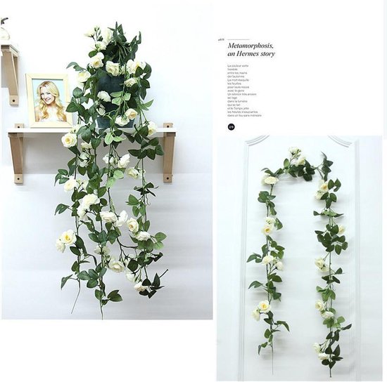 2 Stuks Rozen Slinger - Kunstbloemen slinger - Balkon decoratie - Zomerbloem- 145cm - Klimroos cream & Wit- Bruiloft Decoratie – Trouwen -Trouwdag bloemen