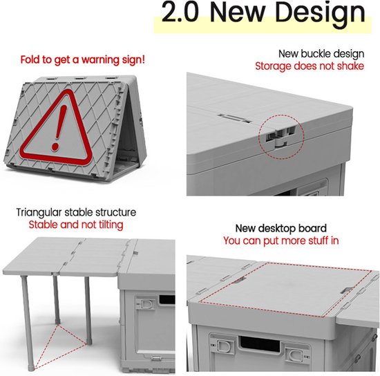 Multifunctionele draagbare opvouwbare opbergbox met grote capaciteit -kampeer tafeltjes-waarschuwingsbord-grijs