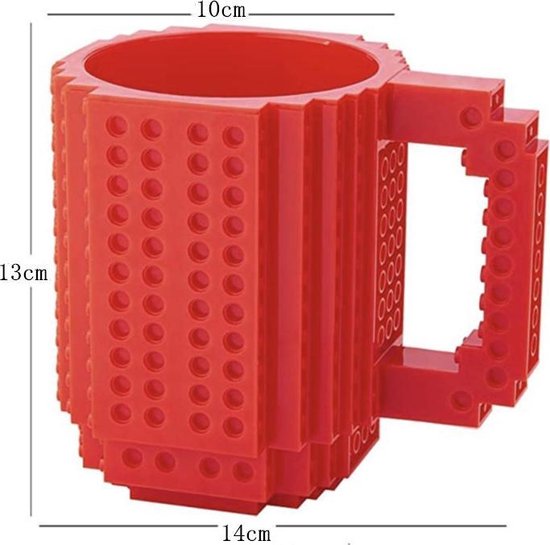 Build on Brick Mug - rood- 350 ml - bouw je eigen mok met bouwsteentjes - BPA vrije drinkbeker cadeau voor kinderen of volwassenen - koffie thee limonade of andere dranken - pennenbeker - creatief accessoire voor op bureau