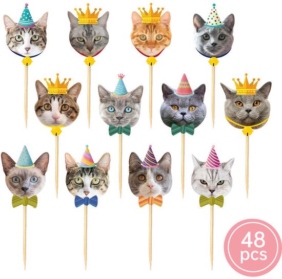 48-delige cupcake/fruitprikkers - thema kat/poes