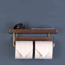 Luxe Zelfklevende Toiletrolhouder met telefoonplankje- Hout & Messing - Geen Boren Nodig-28x10x10cm-donkerbruin
