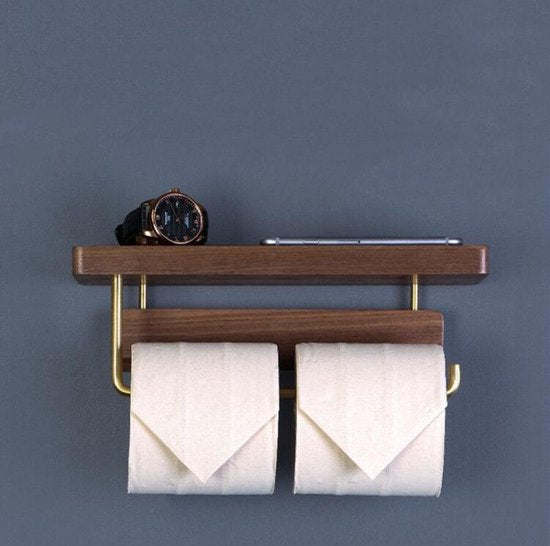 Luxe Zelfklevende Toiletrolhouder met telefoonplankje- Hout & Messing - Geen Boren Nodig-28x10x10cm-donkerbruin