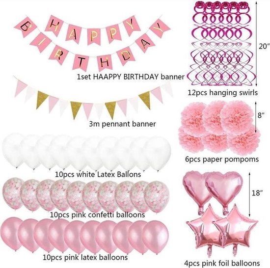 56-delige roze verjaardagset - feestdecoratie