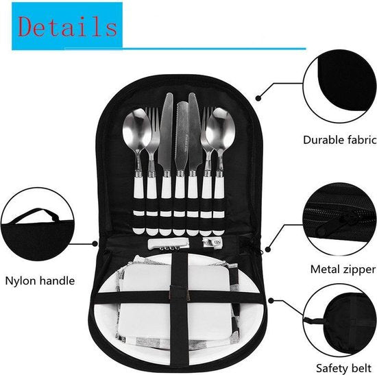 TDR- Picknick set - kamperen set - camping servies - voor 2 personen ( 2x mes, vork en lepel, 2 borden, kurkentrekker, placemat, snijplank)