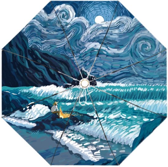 Opvouwbaar paraplu - Zonbescherming Anti-Uv UPF50 + -Windproof- Stevig paraplu - Automatisch -Van Gogh Ster zee print -zilver