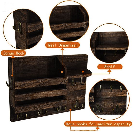 Multifunctionele Houten Wandorganizer met 13 Haken -Sleutelrek met plank- Sleutelkast-Compact en Landelijk -34 x 22 cm -bruin