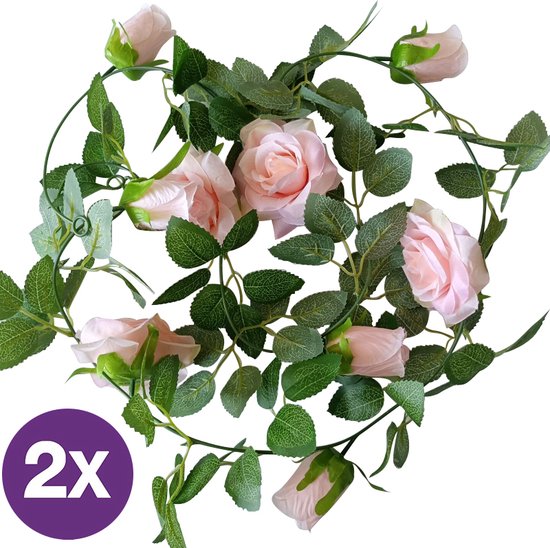 2 Stuks Klimop Slinger met grote rozen kunstbloem -2 meter lang-decoratieve slinger-Bloemenkrans- roze