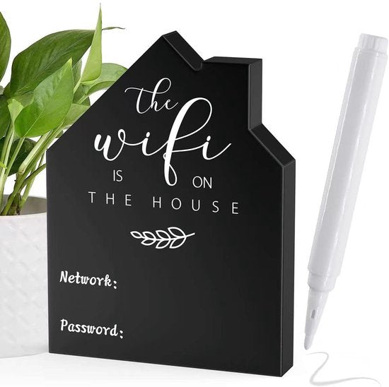 Houten WiFi Bord Huisvorm – Schrijfbaar Netwerk & Wachtwoord