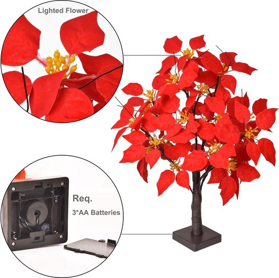 LED Lichtboom met Rode Poinsettia Bladeren - Warme Witte Ver