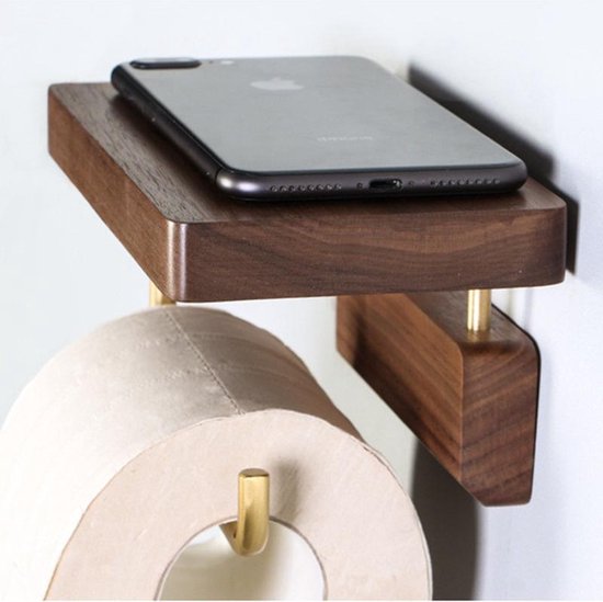 Luxe Zelfklevende Toiletrolhouder met telefoonplankje- Hout & Messing - Geen Boren Nodig-28x10x10cm-donkerbruin