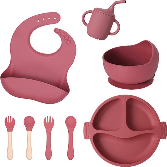 8 delig Complete Baby Eetserviesset voor Baby's van 3 Maanden en Ouder-bordeaux rood