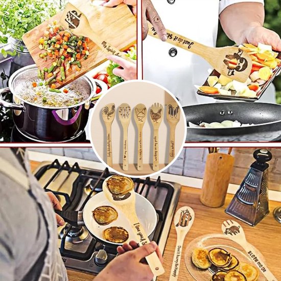 5-Delige Premium Bamboe kookgerei Set – Krasvrij & Hittebestendig met Unieke Kip Design