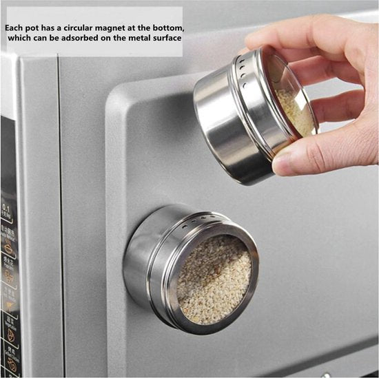 Unikorf: roestvrijstalen kruidenrek, 6 magneetpotjes, silver