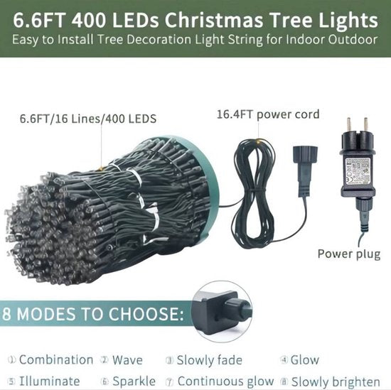 Kleurrijke 400 LED Kerstboomlampjes - 2 Meter Hoog - 16 Takken - IP44-8 Verlichtingsmodi - Sfeervolle Kerstverlichting voor Binnen en Buiten