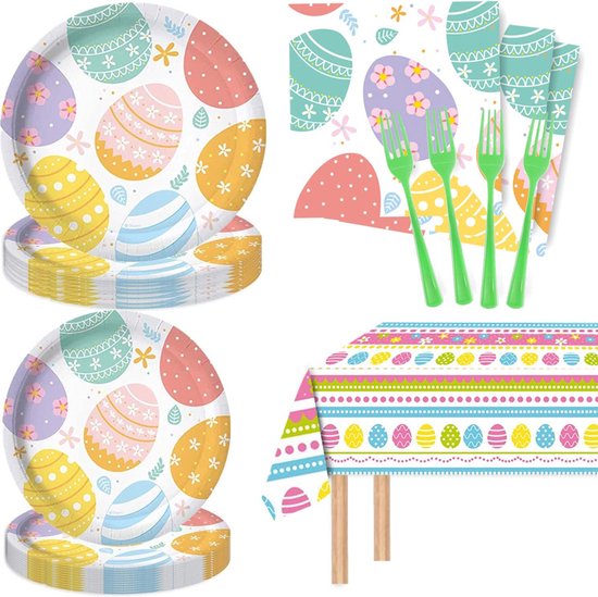 81-delige Feestdecoratieset voor Pasen - thema feest met tafelkleed-Kleurrijk, Schattig en Sfeervol