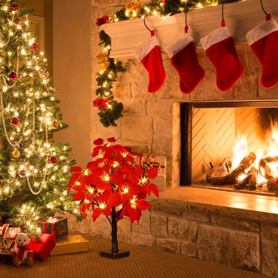 LED Lichtboom met Rode Poinsettia Bladeren - Warme Witte Ver