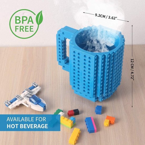 Build on Brick Mug - licht blauw - 350 ml - bouw je eigen mok met bouwsteentjes - BPA vrije drinkbeker cadeau voor kinderen of volwassenen - koffie thee limonade of andere dranken - pennenbeker - creatief accessoire voor op bureau -HnD