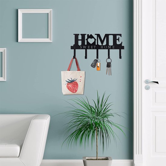 Moderne sleutelhaak HOME - Sleutelrekje met 5 haken - zwart