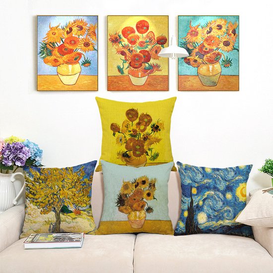 TDR - Sierkussensloop - van katoen en linnen - 45 x 45 cm - Thema: van Gogh , Vaas met twaalf zonnebloemen