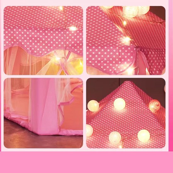 Kinder Speeltent met Sterretjes Verlichting- Kasteel Design -Princess Castle Game Tent- Binnen en Buiten - Roze - 140x70x135CM